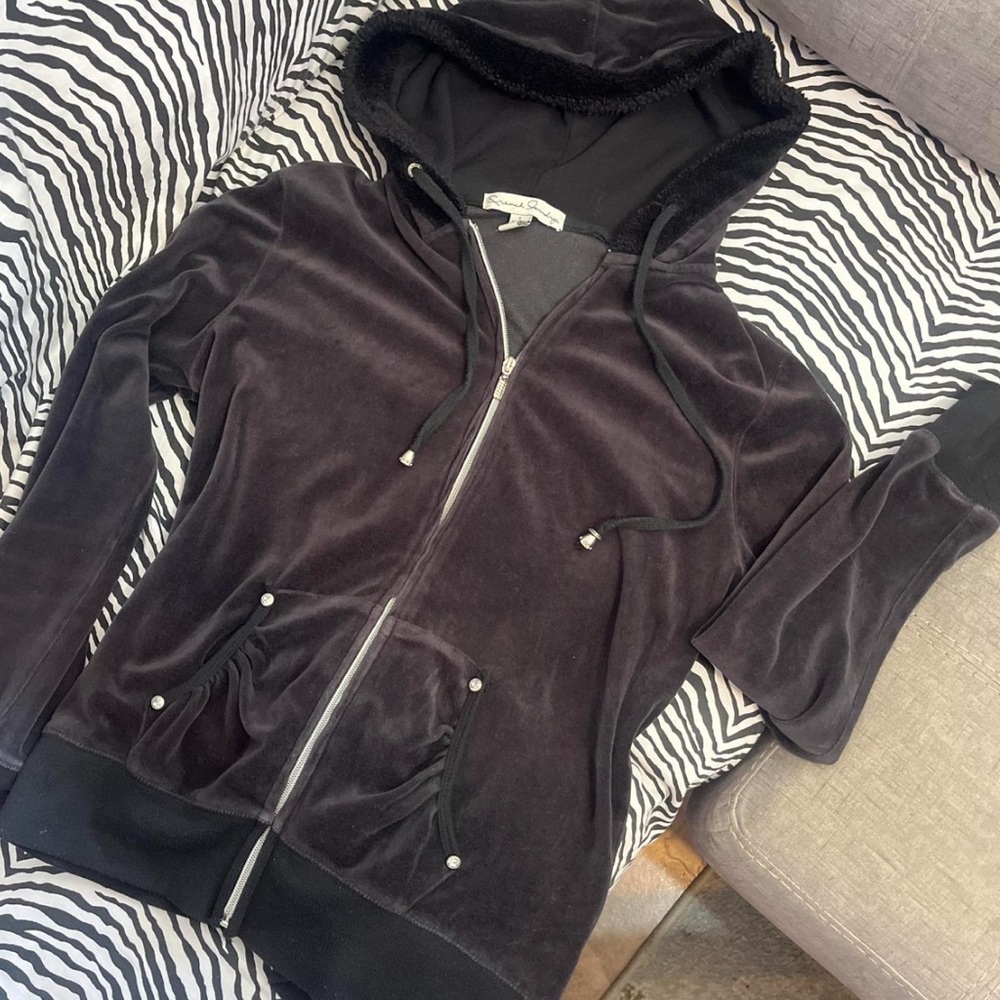 Black velvet zip up hoodie with fuzzy lined hood